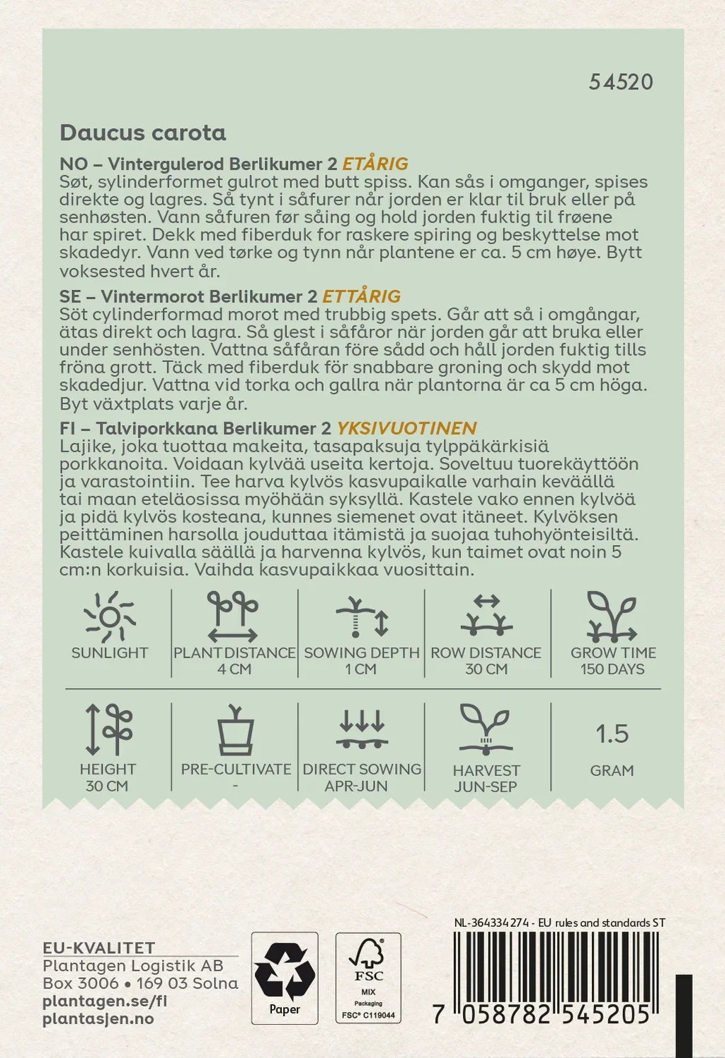 Vintergulrot 'Berlikumer 2' (Skal 014218) - Organic